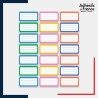 Planche étiquettes nom prénom scolaire colorées bleu rose orange vert jaune et bleu foncé